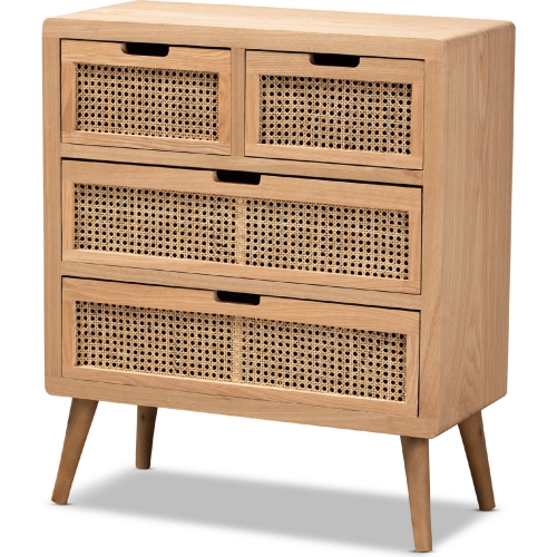 Alina 4 Drawer Storage Chest in Oak Finish Wood & Rattan