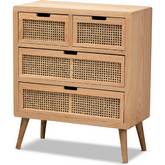 Alina 4 Drawer Storage Chest in Oak Finish Wood & Rattan