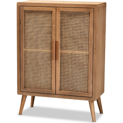 Alina 2 Door Storage Cabinet in Oak Finish Wood & Rattan