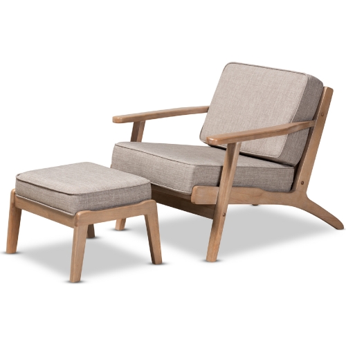 Sigrid Accent Chair & Ottoman in Gray Fabric  & Oak Finish