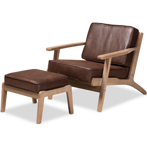 Sigrid Accent Chair & Ottoman in Brown Leatherette Fabric & Oak Finish