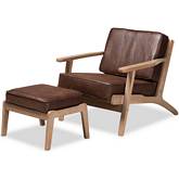 Sigrid Accent Chair & Ottoman in Brown Leatherette Fabric & Oak Finish