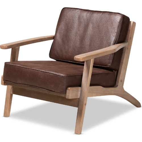 Sigrid Accent Chair in Brown Leatherette Fabric & Oak Finish