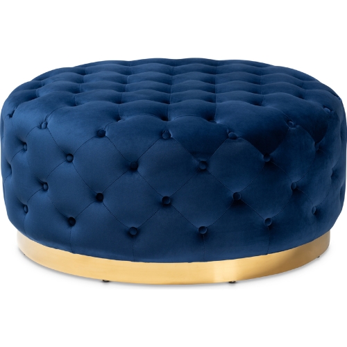 Sasha Round Cocktail Ottoman in Tufted Royal Blue Velvet & Gold Metal