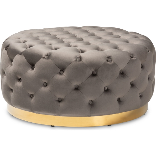 Sasha Round Cocktail Ottoman in Tufted Gray Velvet & Gold Metal