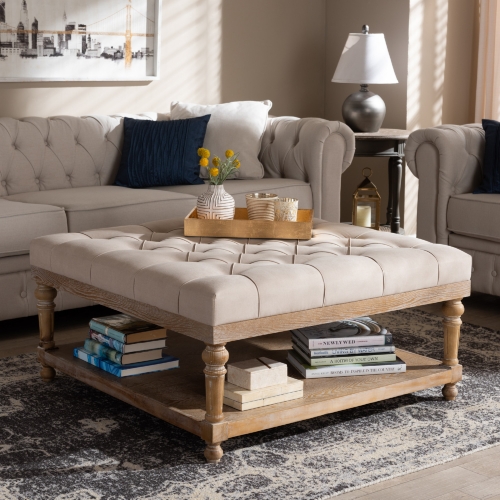 Kelly Ottoman in Tufted Beige Linen Fabric & Gray Wash Wood