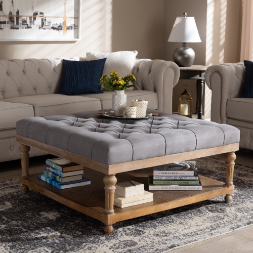 Kelly Ottoman in Tufted Gray Linen Fabric & Gray Wash Wood