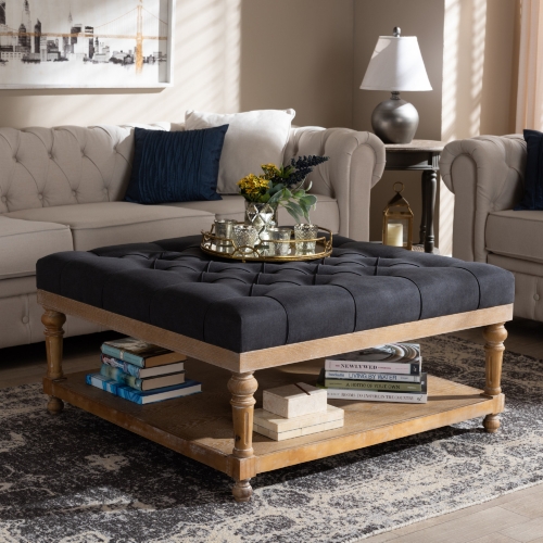 Kelly Ottoman in Tufted Charcoal Linen Fabric & Gray Wash Wood