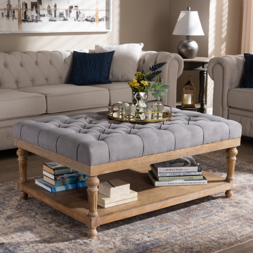 Linda Cocktail Ottoman in Gray Linen & Gray Wash Wood