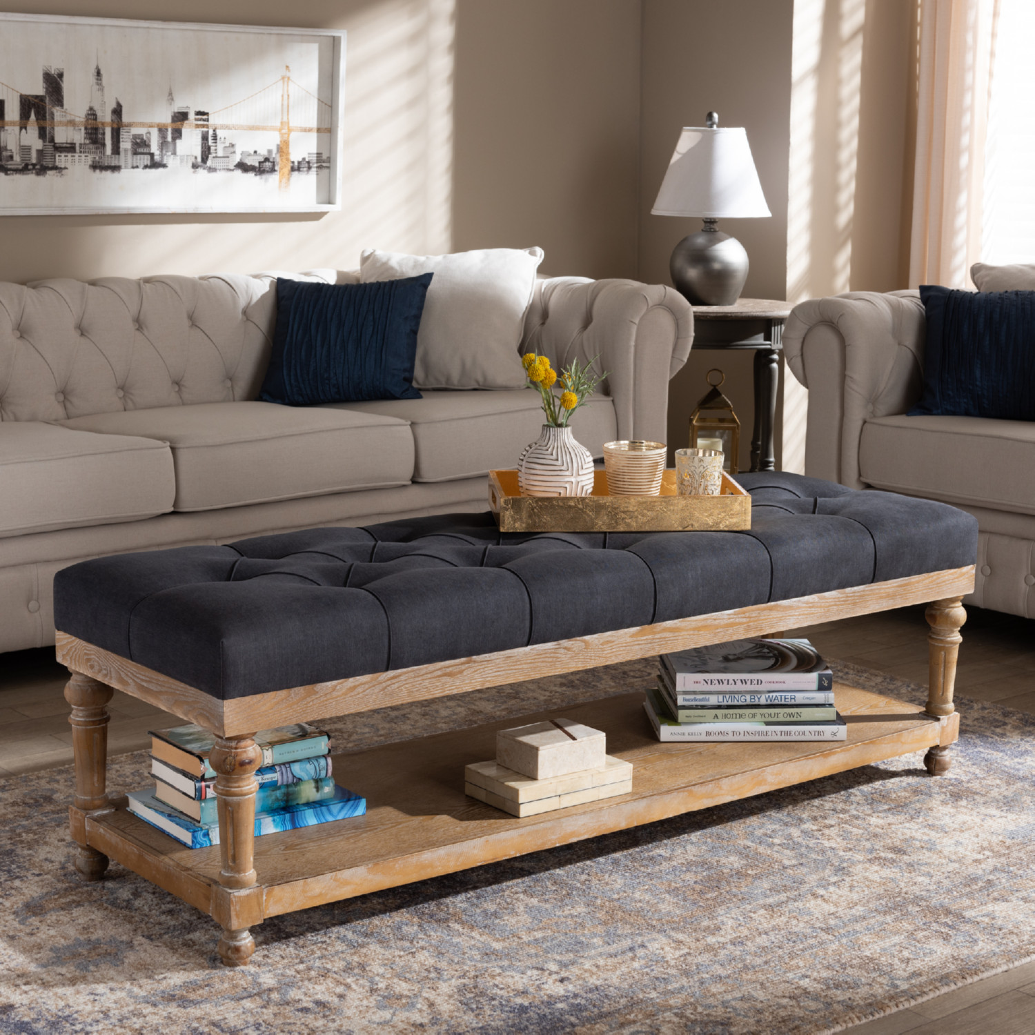 Linda Ottoman in Charcoal Linen Gray Wash Wood by Baxton