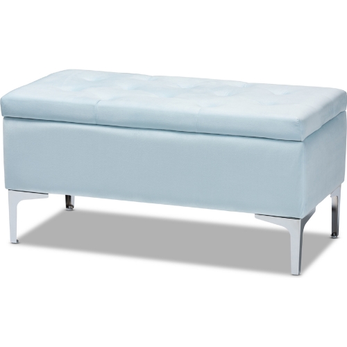 Mabel Storage Ottoman in Light Blue Velvet & Silver Finish