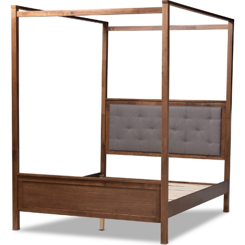 Natasha Queen Platform Canopy Bed in Gray Fabric & Walnut Finish