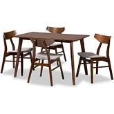 Lois 5 Piece Dining Set in Light Gray Fabric & Walnut Finish