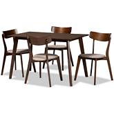 Nori 5 Piece Dining Set in Beige Fabric & Walnut Finish