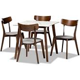 Reba 5 Piece Dining Set in Gray Fabric, Faux Marble & Walnut Finish