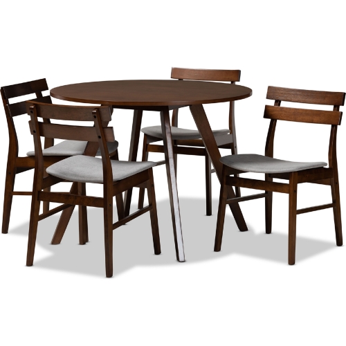 Eiko 5 Piece Dining Set in Gray Fabric & Walnut Brown Wood