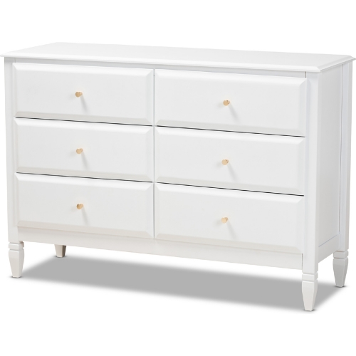 Naomi 6 Drawer Bedroom Dresser in White Wood & Gold metal