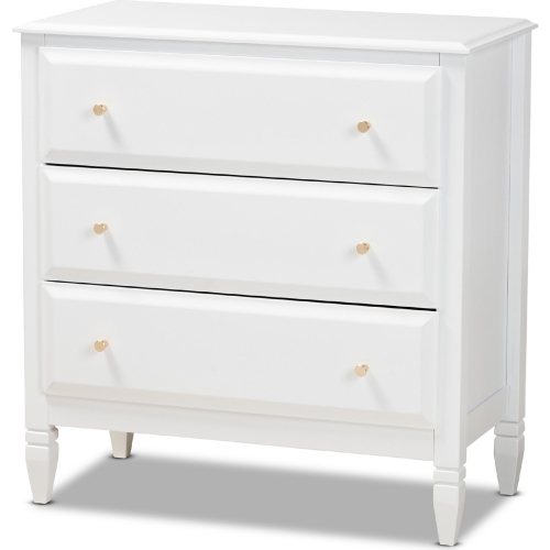 Naomi 3 Drawer Chest in White Wood & Gold metal