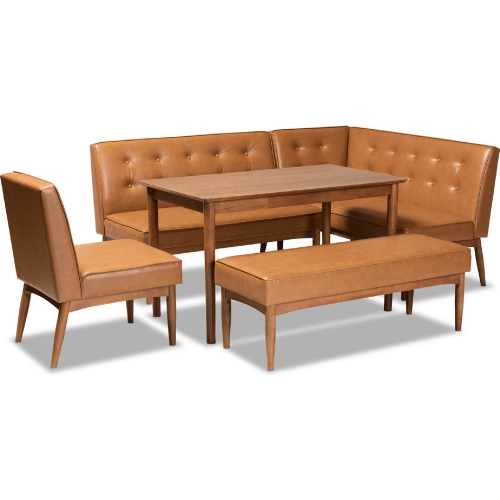 Arvid 5 Piece Dining Nook Set in Tan Leatherette & Walnut Finish