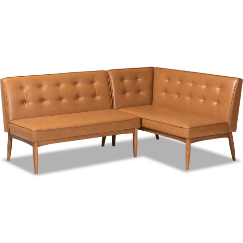 Arvid 2 Piece Dining Nook Banquette Set in Tan Leatherette & Walnut Finish