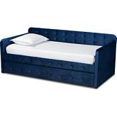 Jona Twin Daybed with Trundle in Tufted Navy Blue Velvet