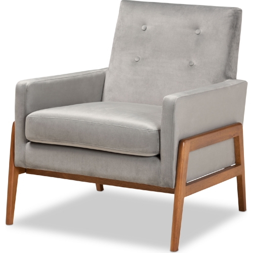 Perris Accent Chair in Tufted Gray Velvet & Walnut Finish