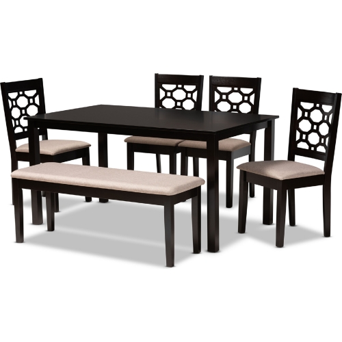 Gabriel 6 Piece Dining Set in Sand Fabric & Dark Brown Wood