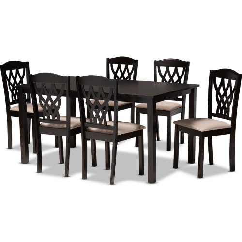 Salem 7 Piece Dining Set in Sand Fabric & Dark Wood