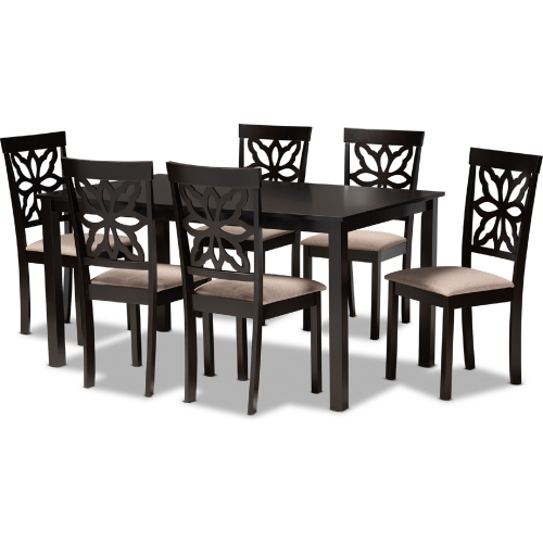 Dallas 7 Piece Dining Set in Sand Fabric & Dark Wood