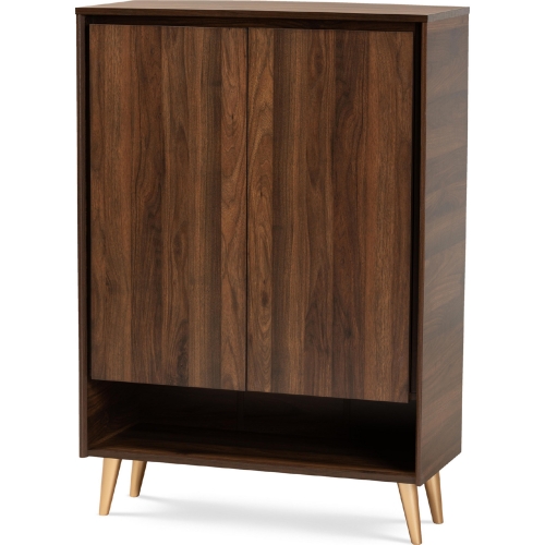 Landen 2 Door Shoe Storage Cabinet in Walnut Finish & Gold