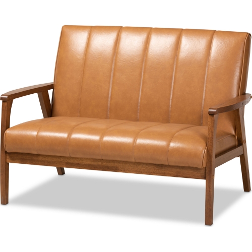 Nikko Loveseat in Tan Leatherette & Walnut Finish