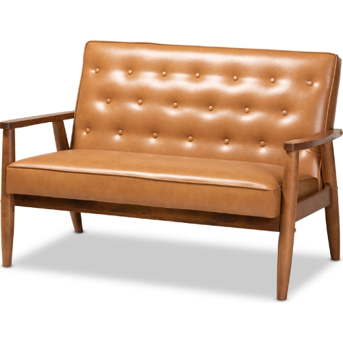 Sorrento Loveseat in Tufted Tan Leatherette & Walnut