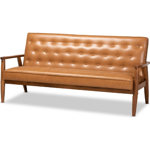 Sorrento Sofa in Tufted Tan Leatherette & Walnut