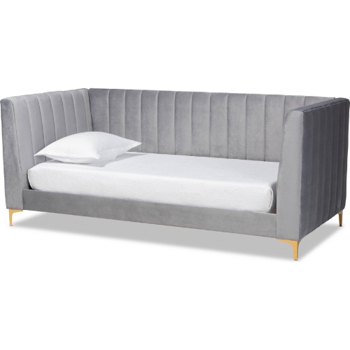 Oksana Twin Daybed in Channel Tufted Light Gray Velvet & Gold