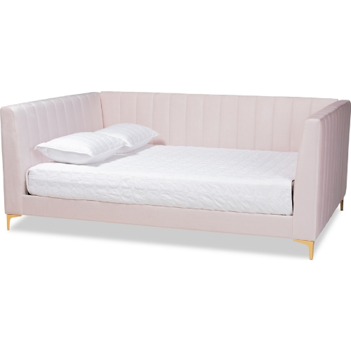 Oksana Queen Daybed in Channel Tufted Light Pink Velvet & Gold