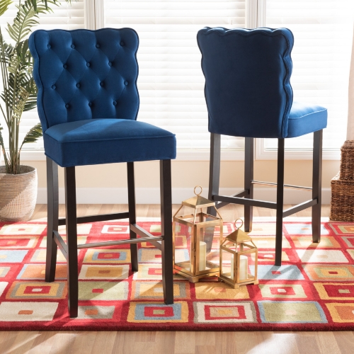 Daphne Bar Stool in Navy Blue Velvet & Dark Wood (Set of 2)