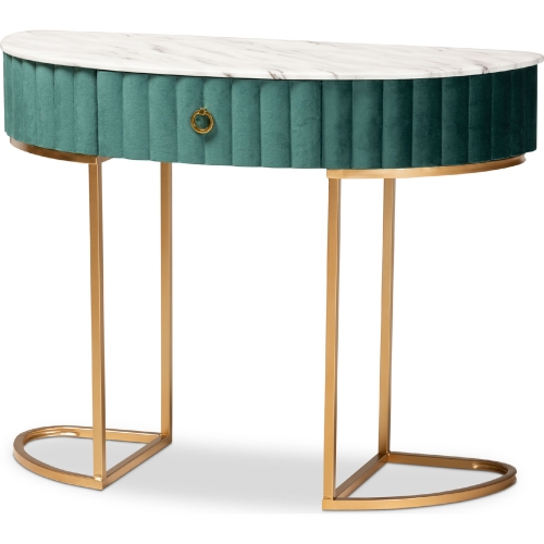 Beale Console Table in Faux Marble Leatherette, Green Velvet & Gold