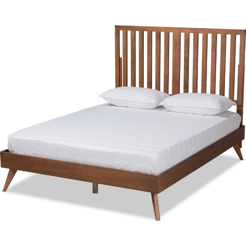 Saki Queen Platform Bed in Walnut Brown Finish Wood