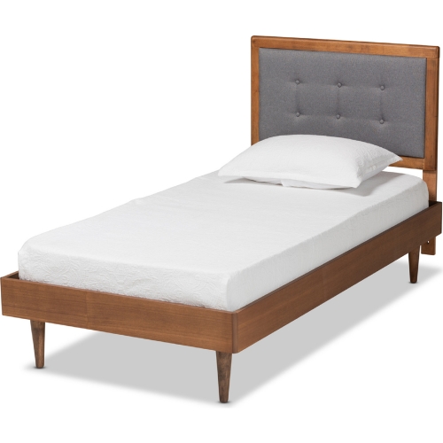 Greta Twin Platform Bed in Dark Gray Fabric & Walnut Finish