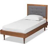 Greta Twin Platform Bed in Dark Gray Fabric & Walnut Finish