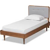 Cilka Twin Platform Bed in Light Gray Fabric & Ash Walnut Finish