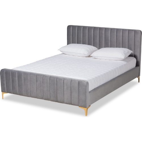 Nami Queen Platform Bed in Tufted Light Gray Velvet & Gold