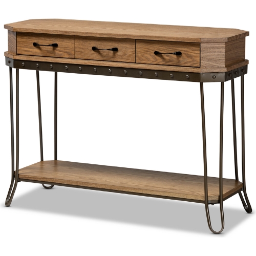 Kellyn 3 Drawer Console Table in Oak Finish Wood & Black Metal