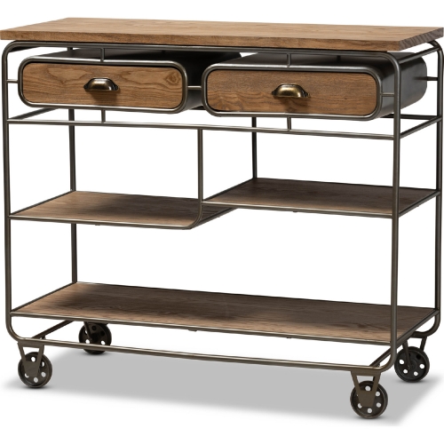 Grant 2 Drawer Kitchen Cart in Oak Finish Wood & Black Metal