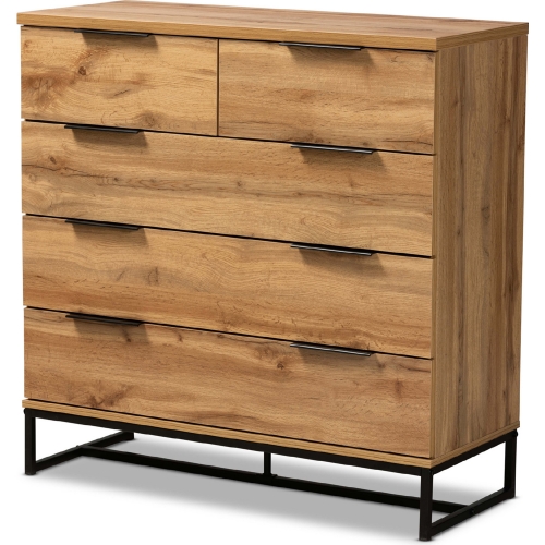 Franklin 5 Drawer Chest in Oak Finish Wood & Black Metal