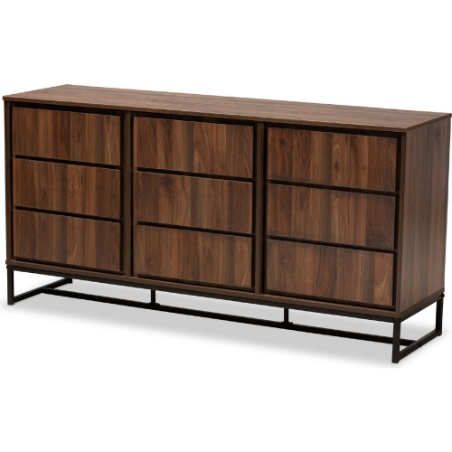 Neil 3 Door Sideboard Buffet in Walnut Finish Wood & Black Metal