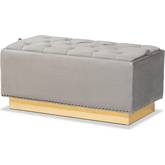 Powell Storage Ottoman in Gray Velvet & Gold Leatherette