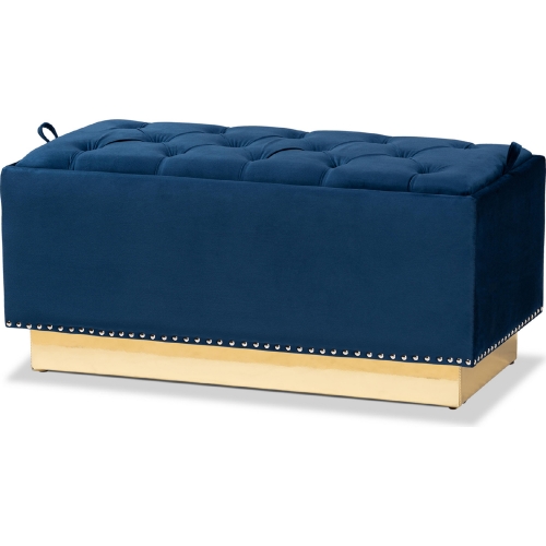 Powell Storage Ottoman in Navy Blue Velvet & Gold Leatherette