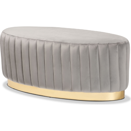 Kirana Ottoman in Channel Tufted Gray Velvet & Gold Leatherette