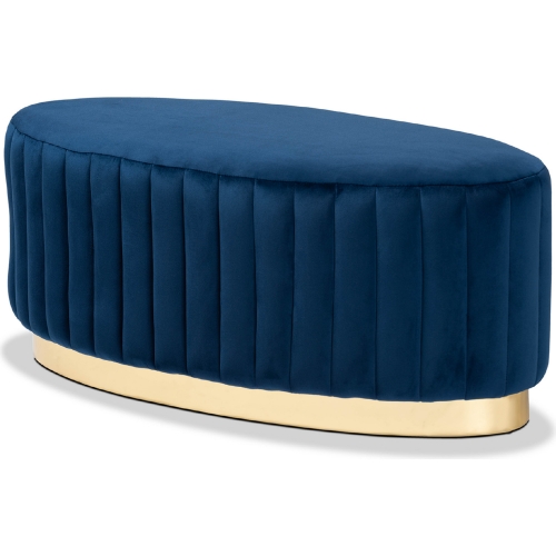 Kirana Ottoman in Channel Tufted Blue Velvet & Gold Leatherette